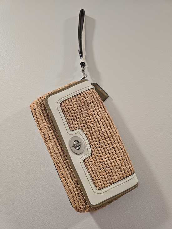 Coach Handbags - Coach Beige Straw Wristlet with White and Olive Trim